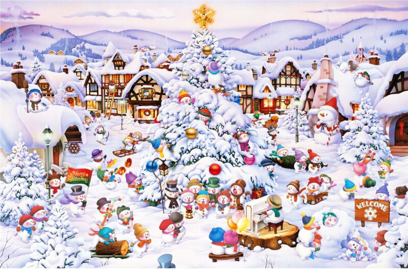 Snowmen in Winter Village — White, Festive, Illustration, Christmas Tree