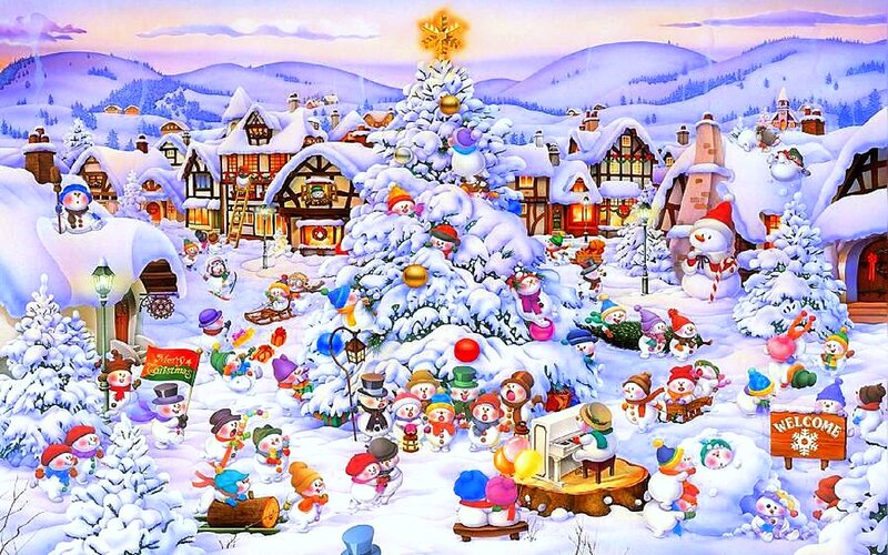 Snowmen in Winter Village — White, Festive, Illustration