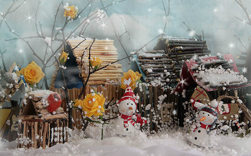 Snowmen in Winter Village — White, Festive, Photograph