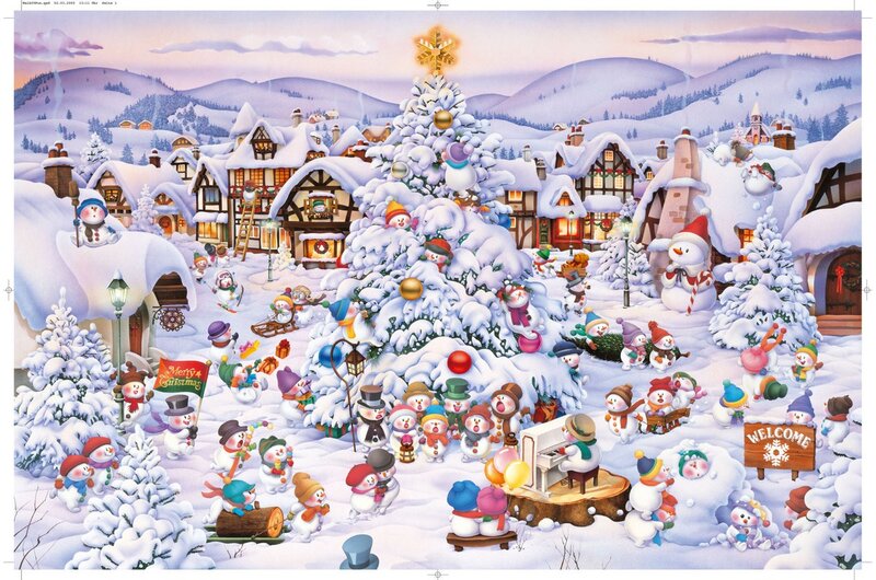 Snowmen in Winter Village — White, Festive