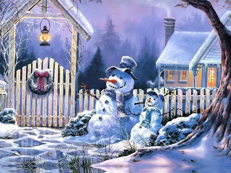 Snowmen in Winter Yard