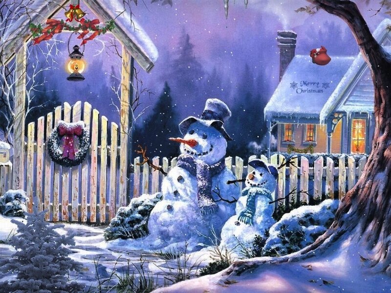 Snowmen in Yard — Blue, Festive