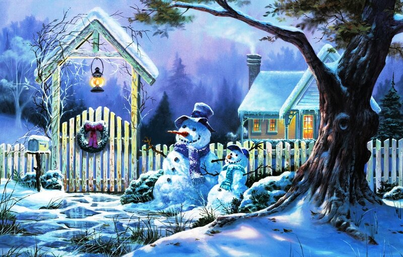 Snowmen in Yard — Blue, Peaceful