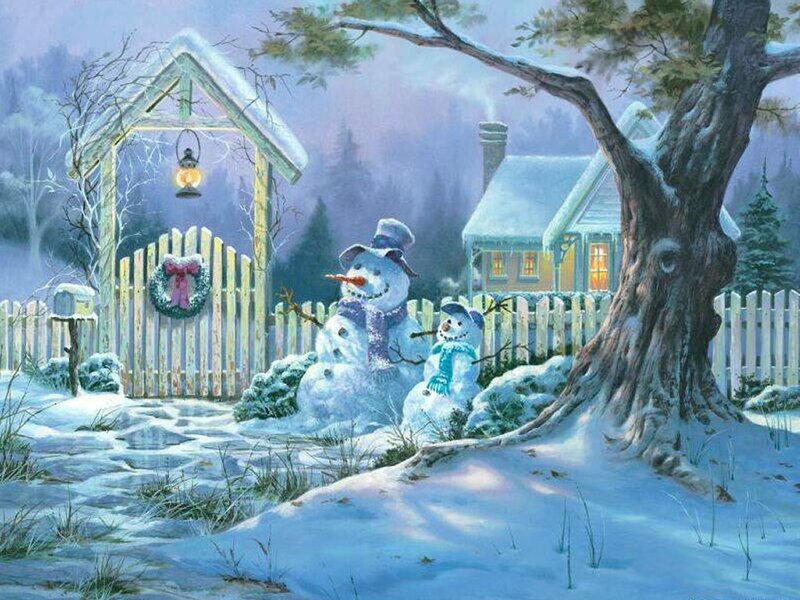 Snowmen in Yard — Blue