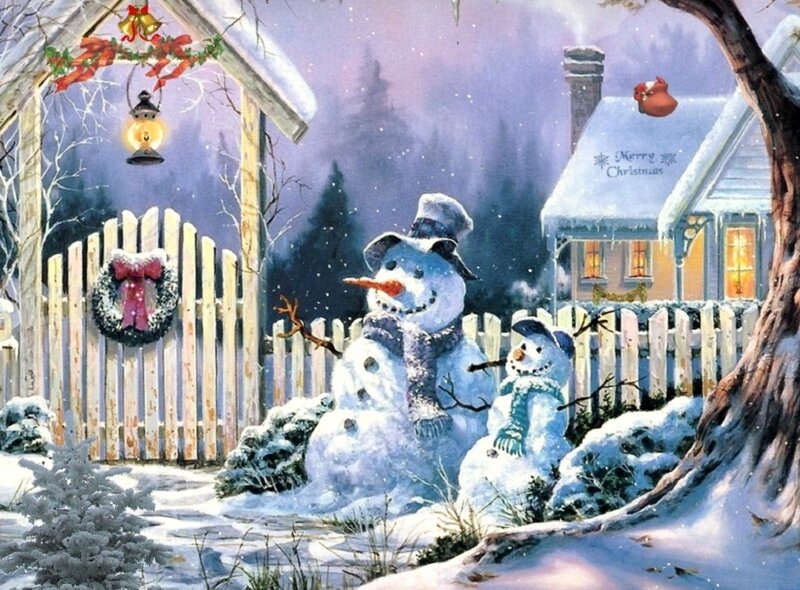 Snowmen in Yard — White, Peaceful