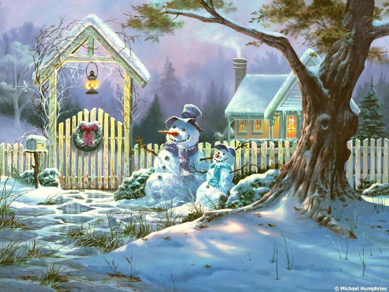 Snowmen in Yard — White, Peaceful, Winter