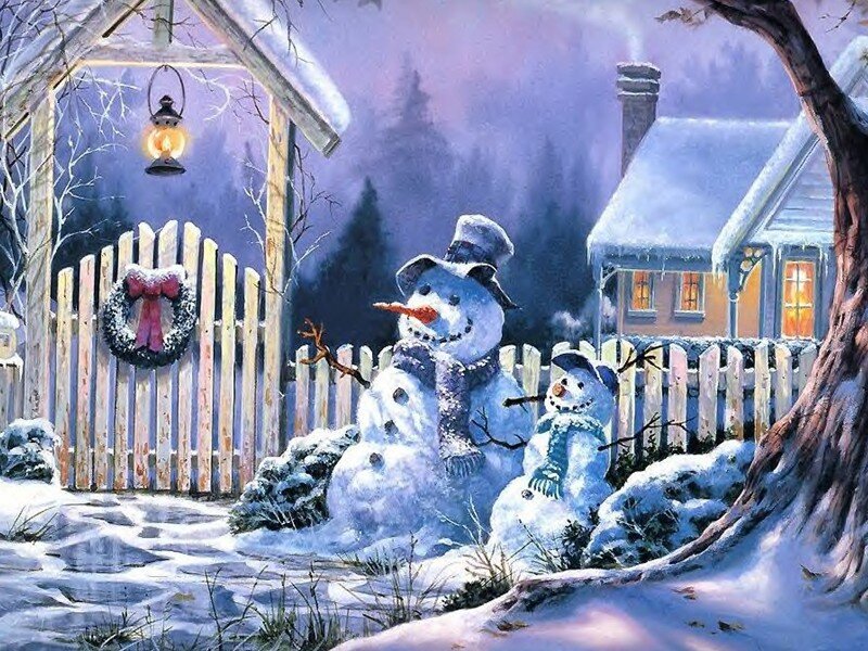 Snowmen in Yard — White