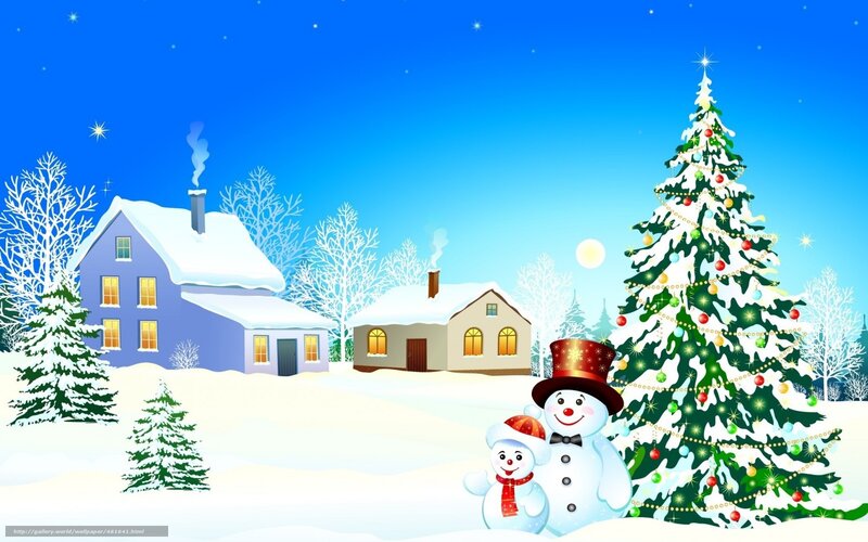 Snowmen Near Christmas Tree — Blue, Festive