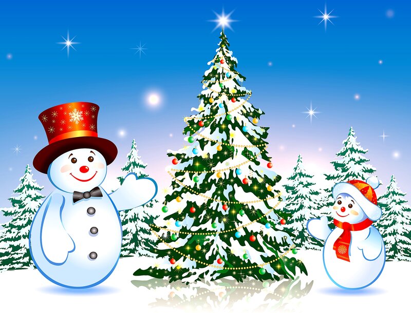 Snowmen Near Christmas Tree — Blue