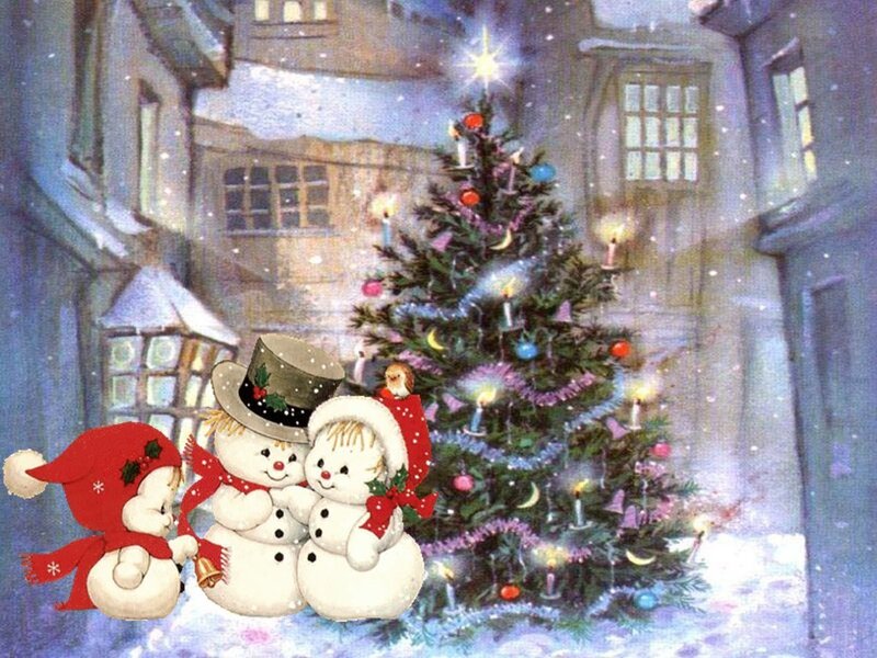 Snowmen Near Christmas Tree