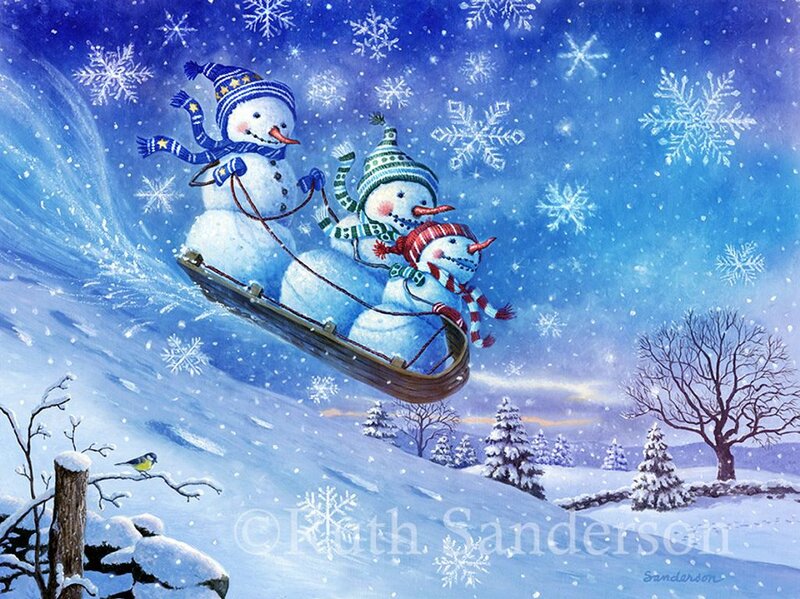Snowmen on a Sled — Blue, Festive