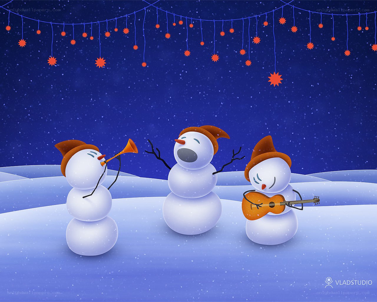 Snowmen playing music at night