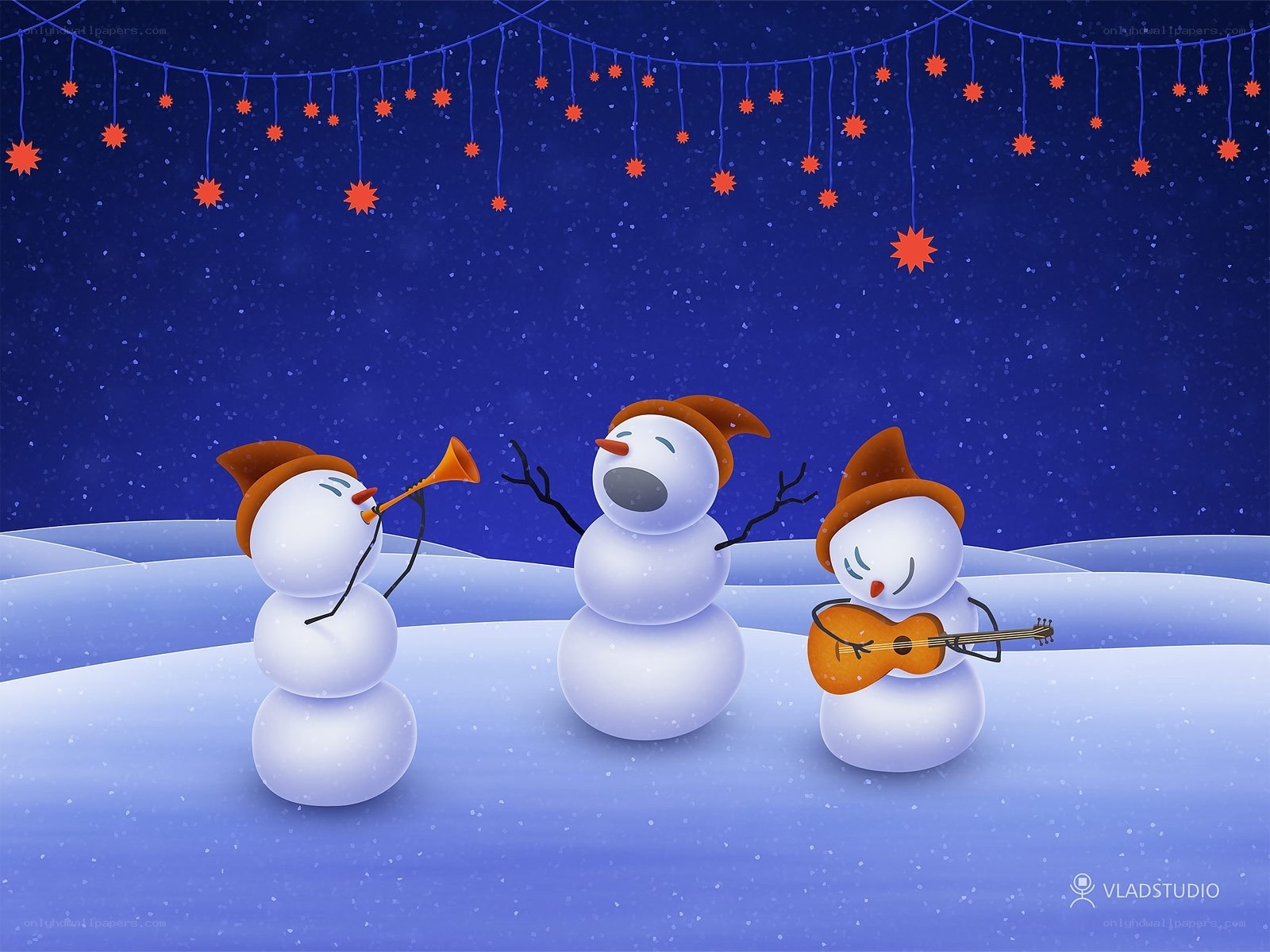 Snowmen playing music in winter