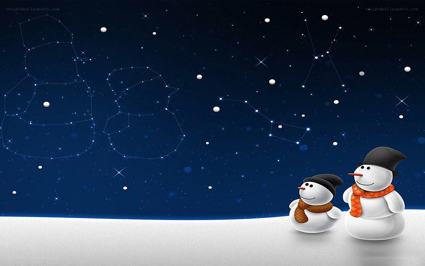 Snowmen under starry sky