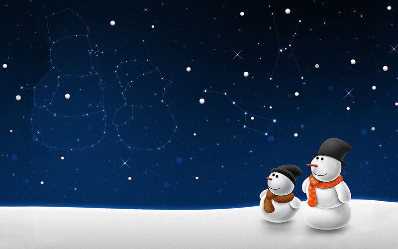 Snowmen under starry sky