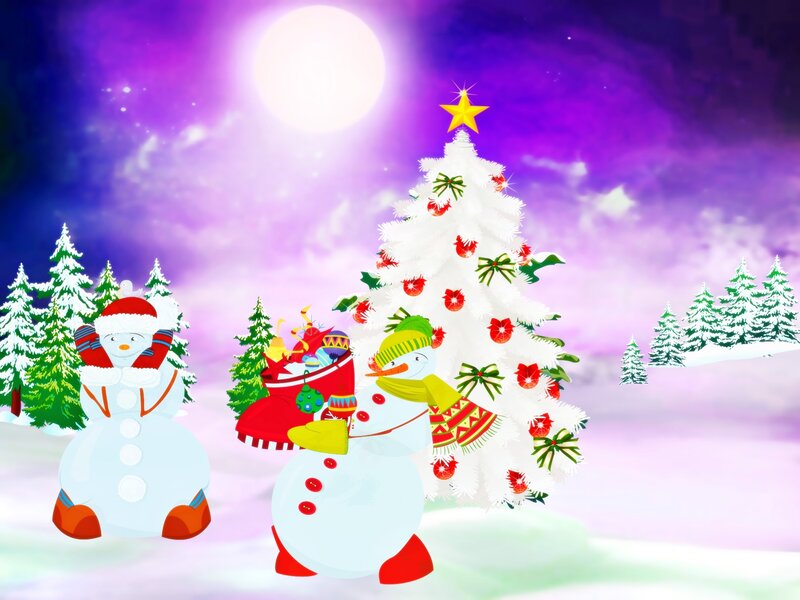 Snowmen with Christmas Tree — White, Festive, Night