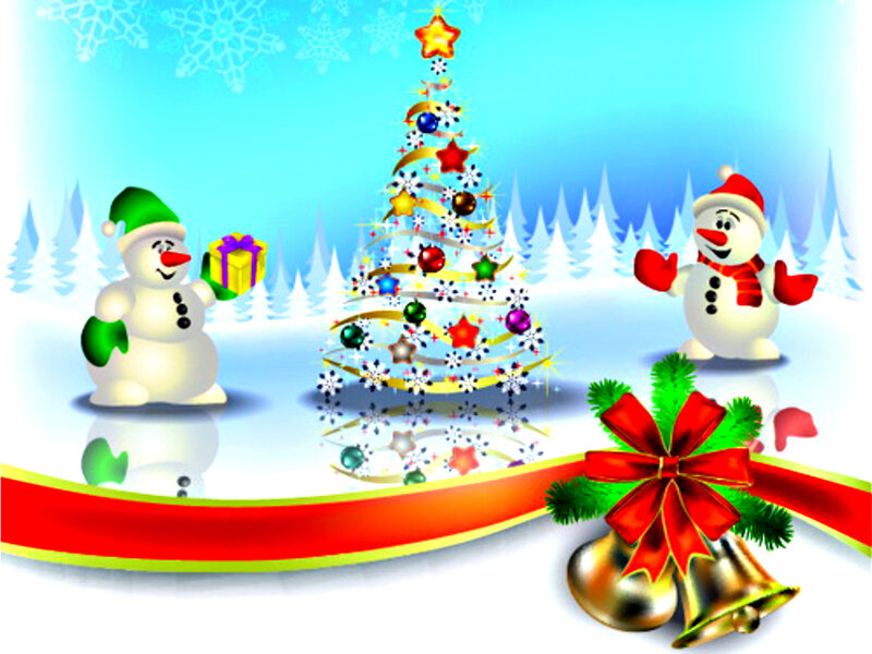 Snowmen with Christmas Tree — White, Festive