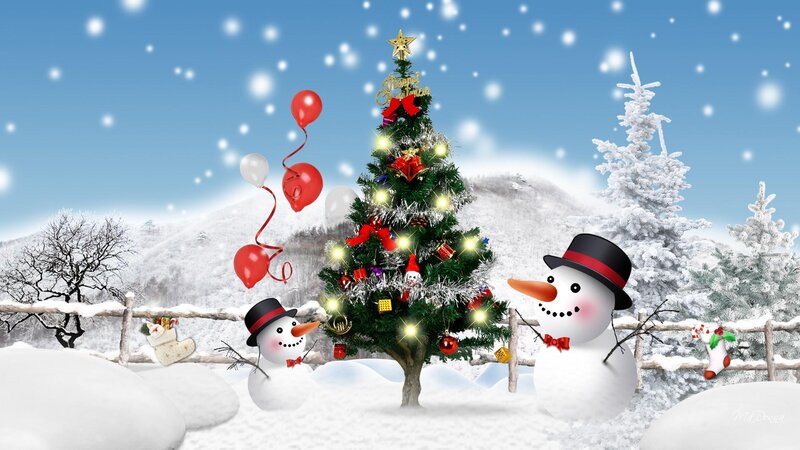 Snowmen with Christmas Tree — White, Festive, Winter