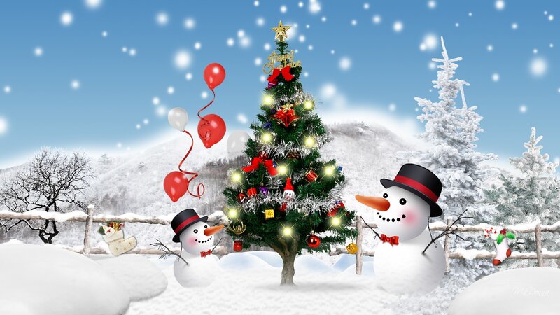 Snowmen with Christmas Tree — White