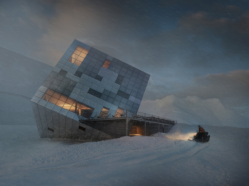 Snowmobile Approaching Building