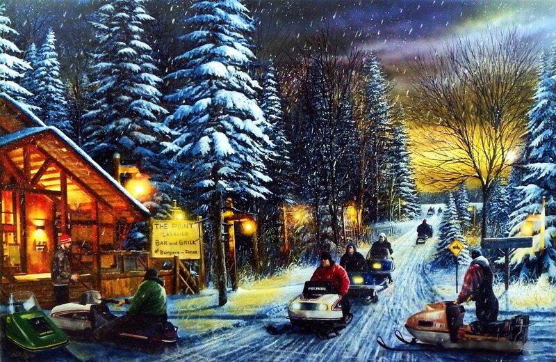 Snowmobilers in Forest — Blue