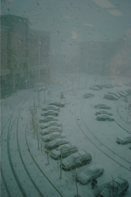 Snowstorm in a parking lot