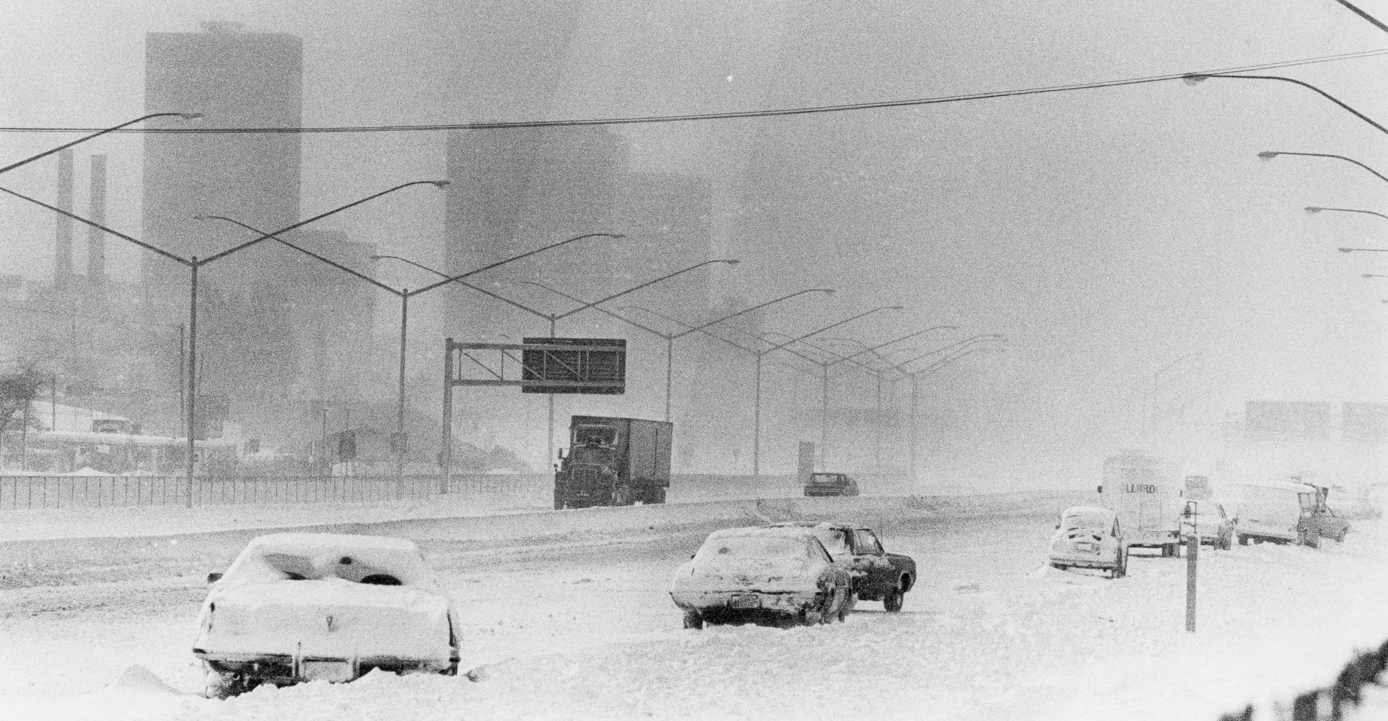 Snowstorm on a city highway