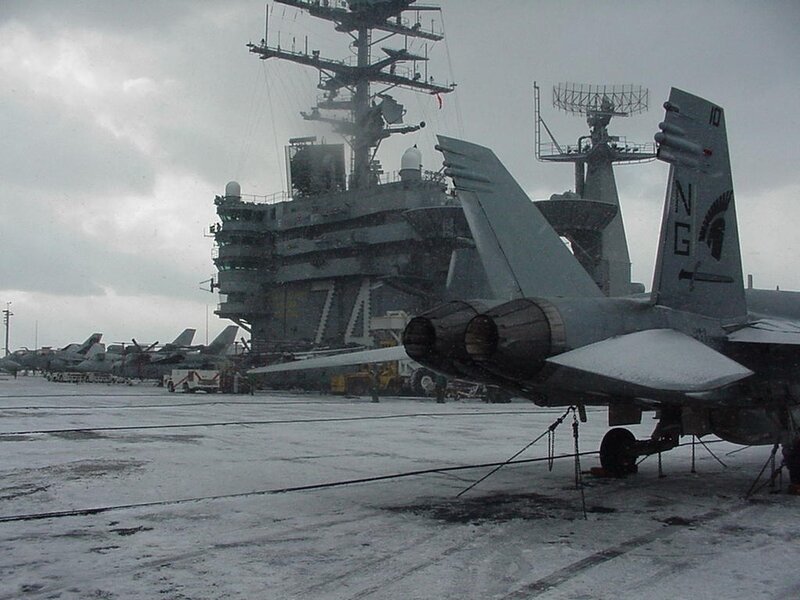 Snowy aircraft carrier deck