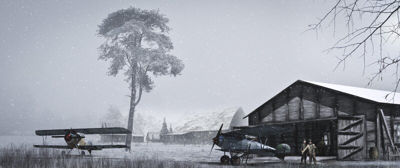 Snowy airfield with biplanes