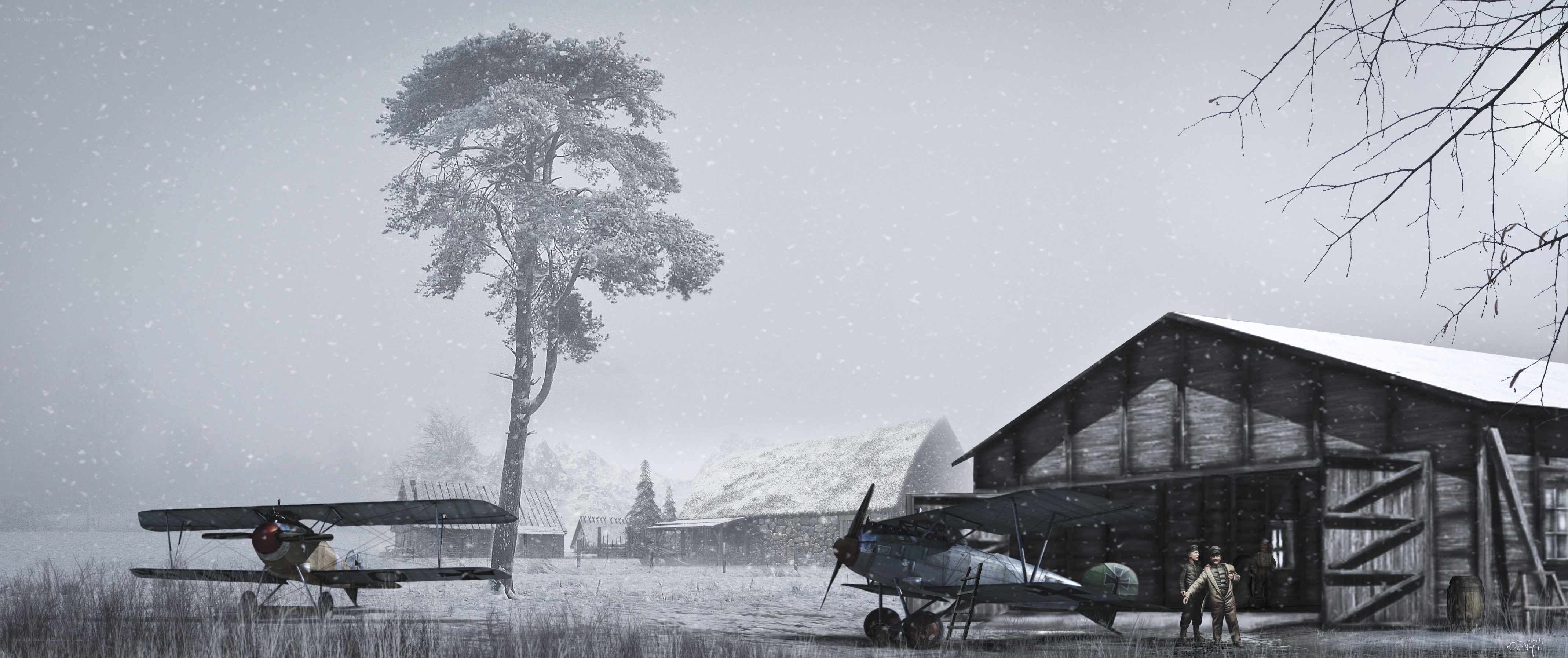 Snowy airfield with biplanes