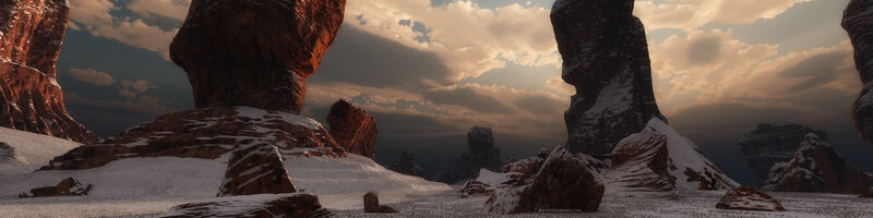snowy alien canyon at sunset