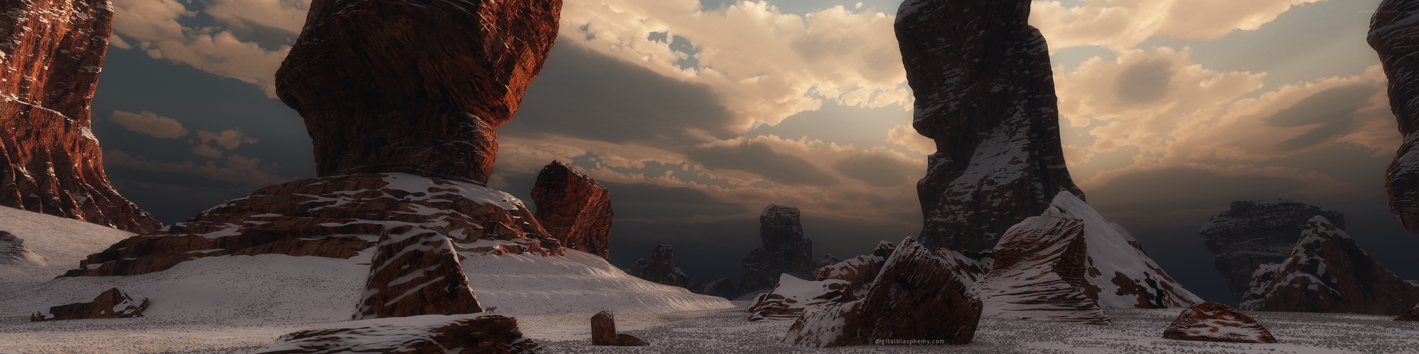 snowy alien canyon at sunset