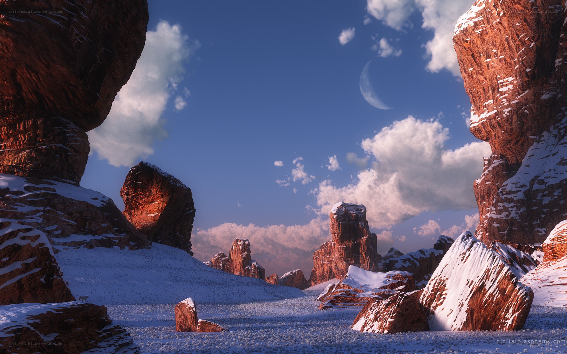 Snowy alien canyon landscape