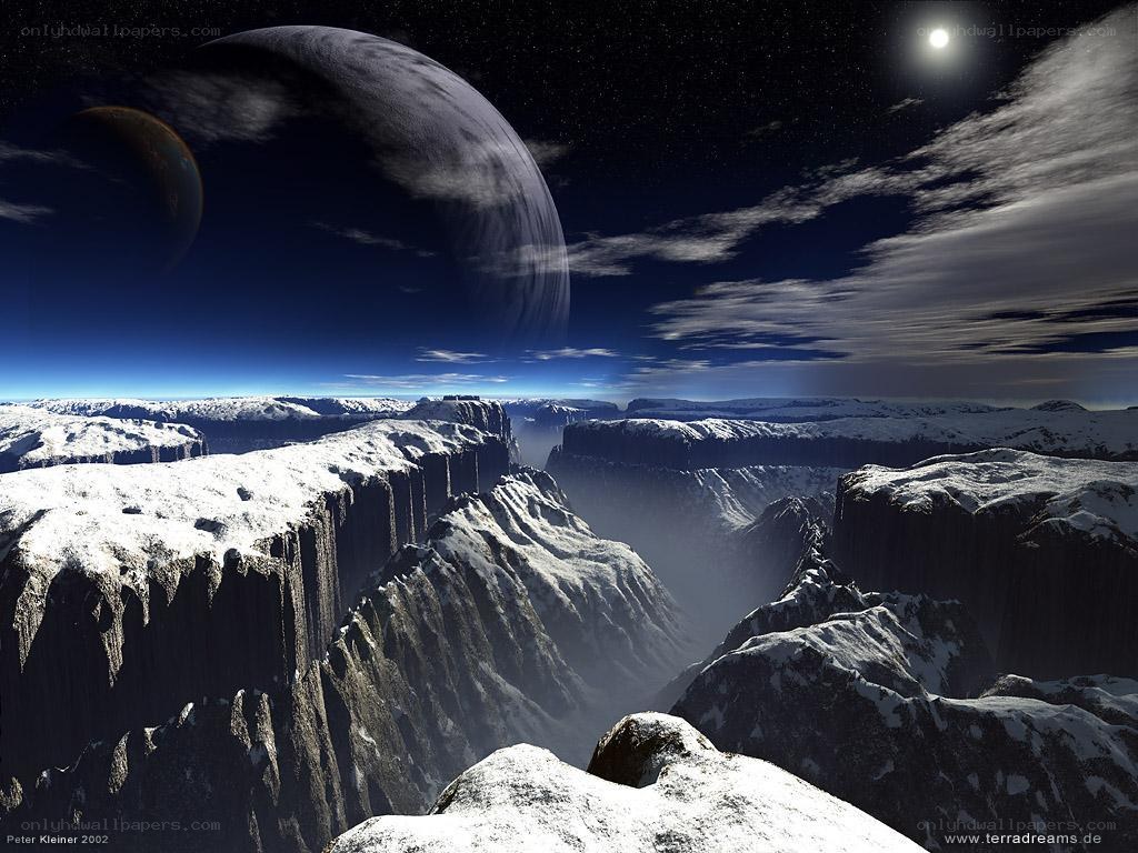 Snowy alien canyon landscape