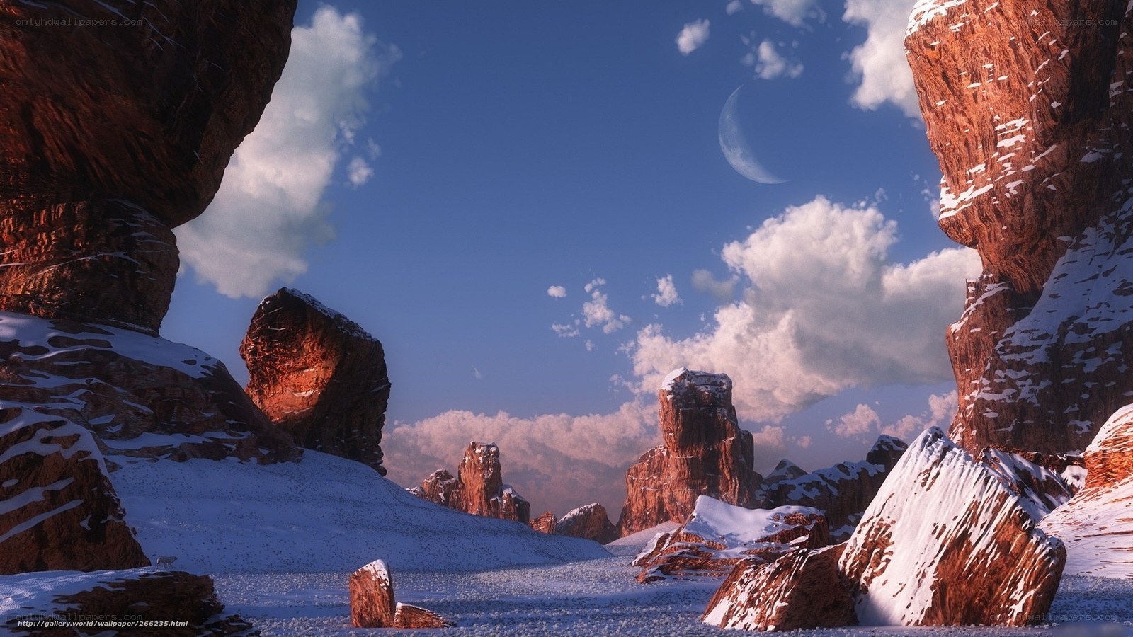 Snowy alien canyon landscape