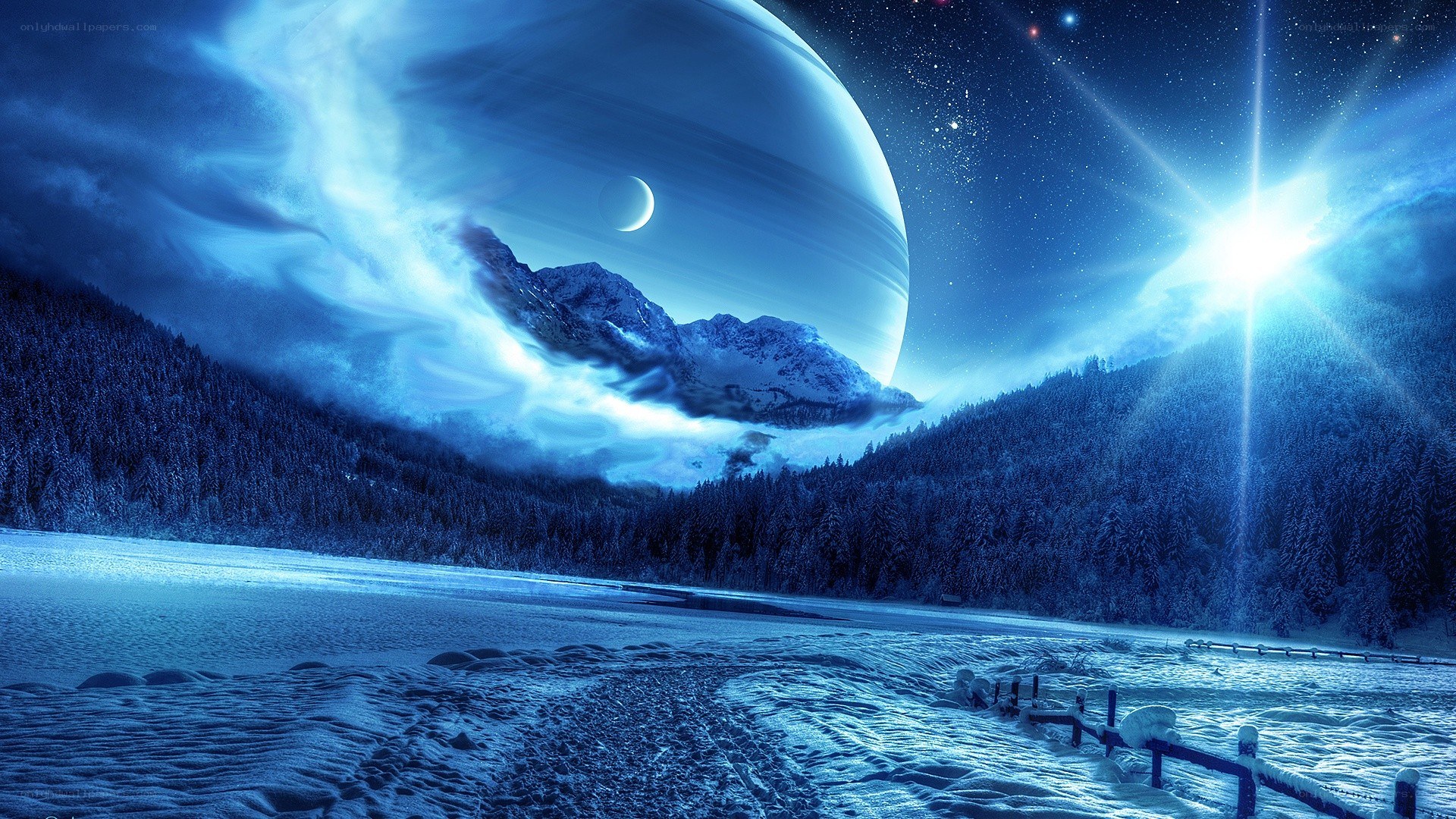 Snowy alien landscape at night