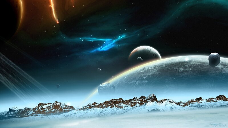 Snowy Alien Landscape — Blue, Dramatic, Digital Art, Planets, Moons