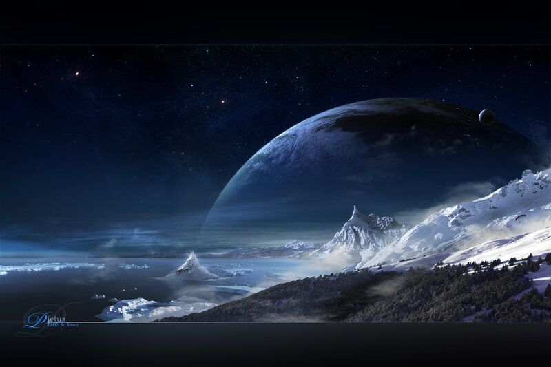 Snowy Alien Landscape — Blue, Dramatic, Night, Digital Art, Planet, Mountains