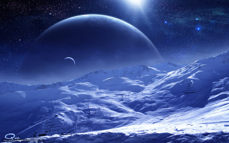 Snowy Alien Landscape — Blue, Dramatic, Night, Digital Art, Planet