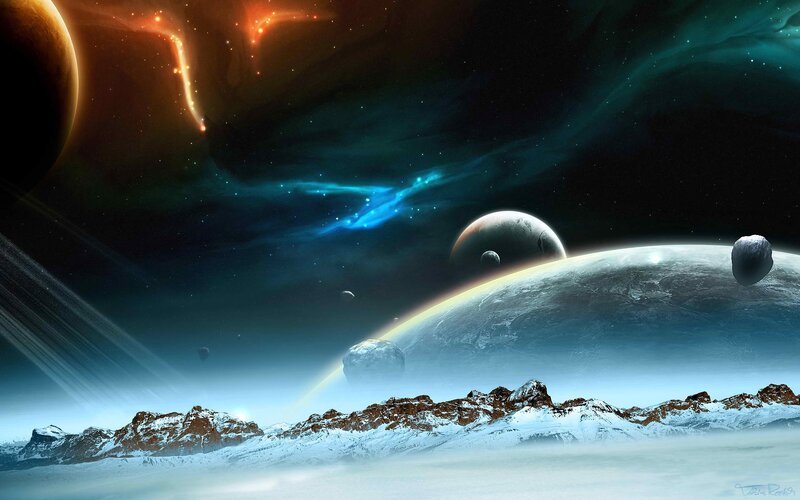Snowy Alien Landscape — Blue, Dramatic, Night, Digital Art, Planets, Asteroids, Nebula