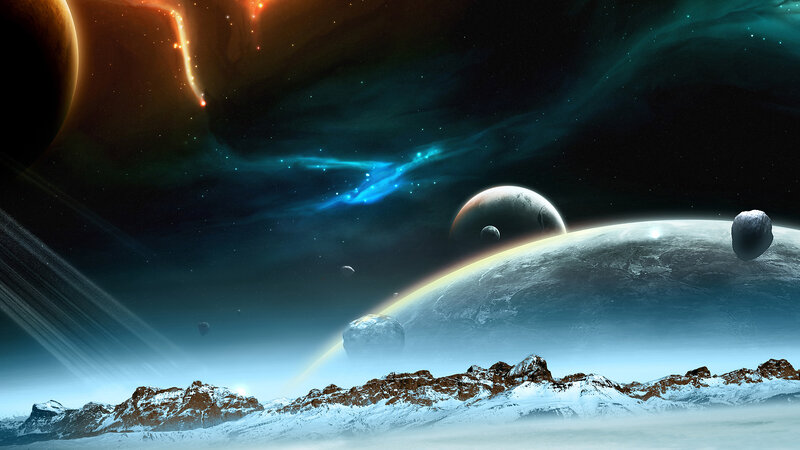 Snowy Alien Landscape — Blue, Dramatic, Night, Digital Art, Planets, Asteroids