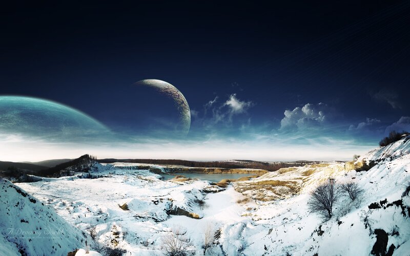 Snowy Alien Landscape — Blue, Dramatic, Night, Digital Art, Planets, Clouds