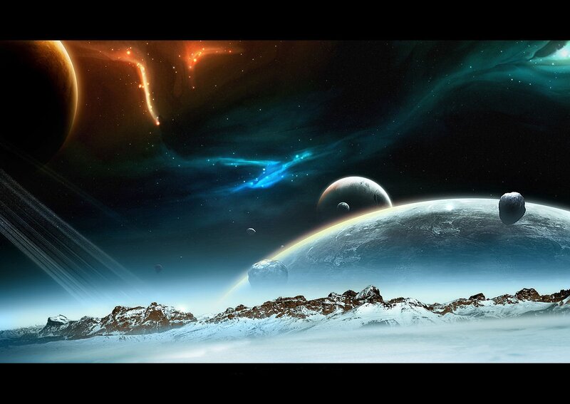 Snowy Alien Landscape — Blue, Dramatic, Night, Digital Art, Planets, Moons
