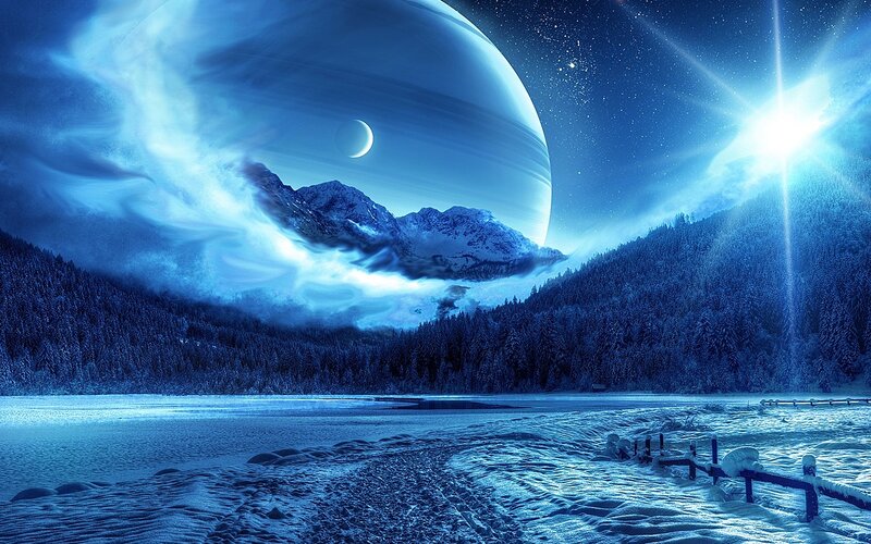 Snowy Alien Landscape — Blue, Serene, Night, Digital Art, Mountains