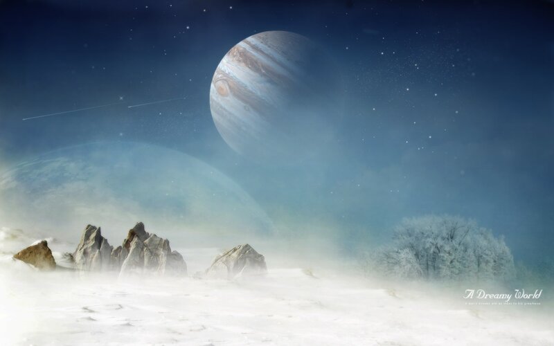 Snowy Alien Landscape — Blue, Serene, Night, Digital Art, Planet, Stars
