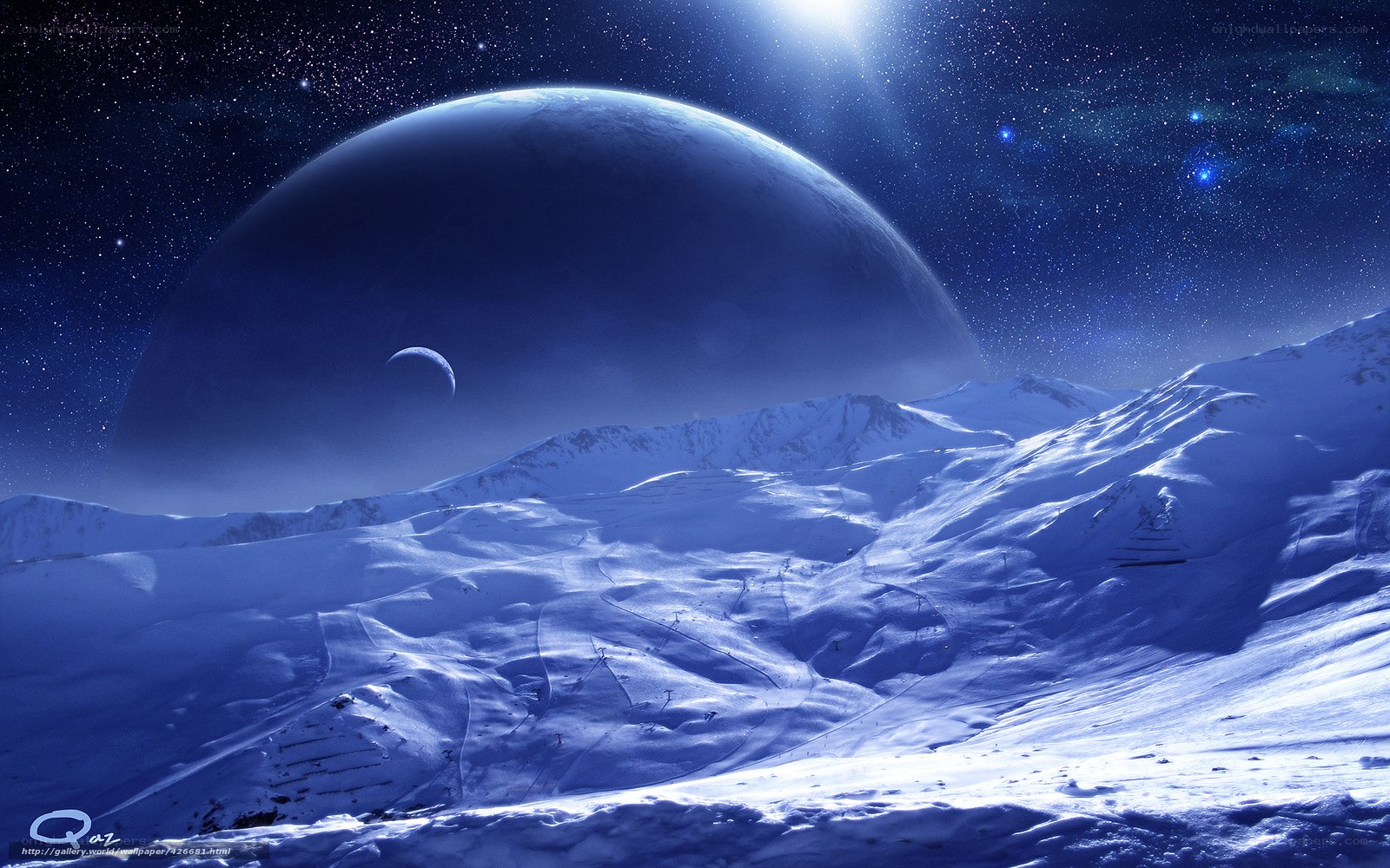Snowy alien landscape with planet
