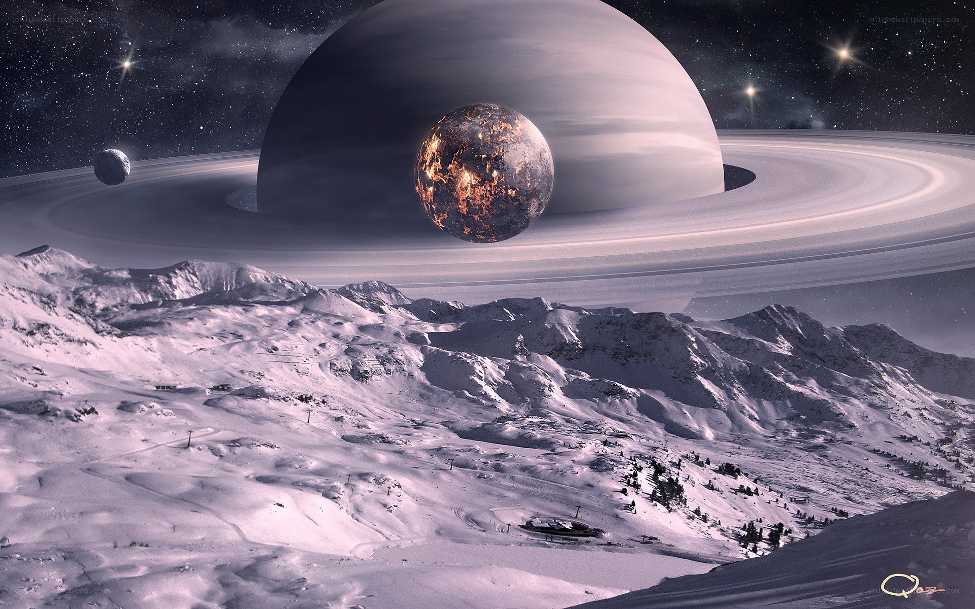 Snowy alien landscape with ringed planet
