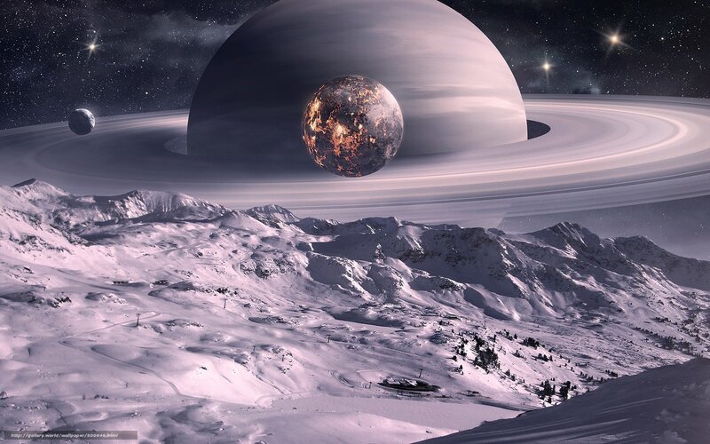 Snowy alien landscape with ringed planet