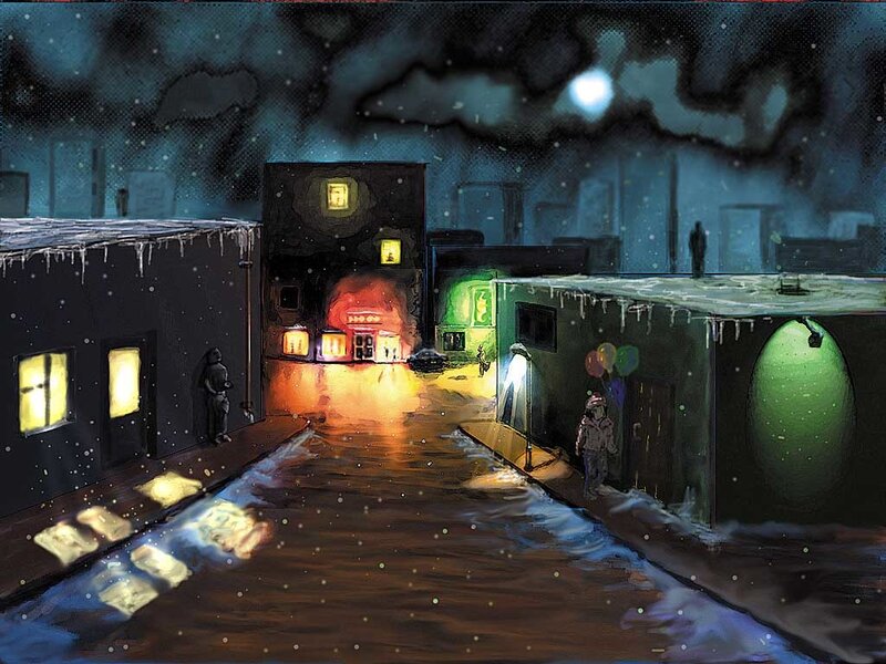 snowy alley at night