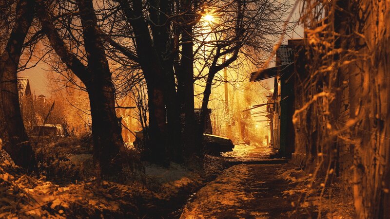 snowy alley at night